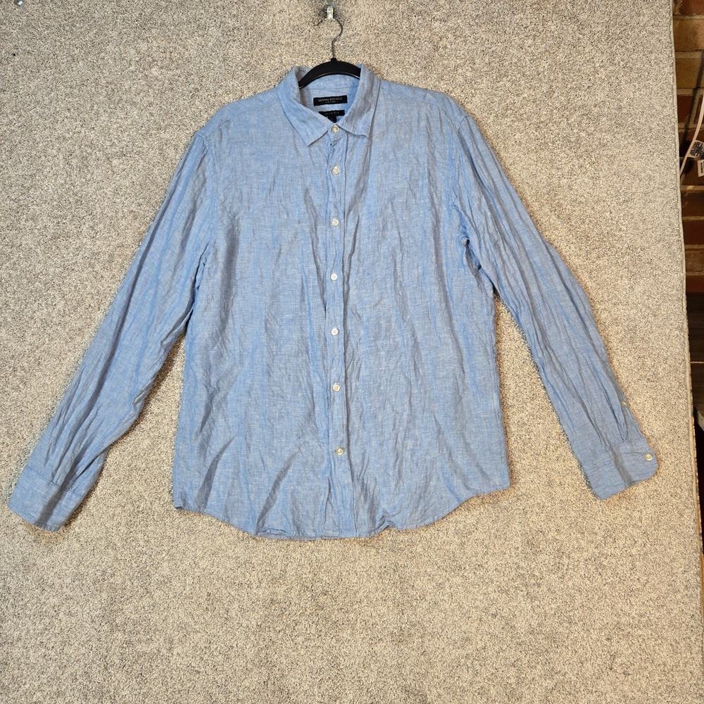 Banana Republic shirt Men Large 100% linen Blue Slim Fit Button Up Long Sleeve